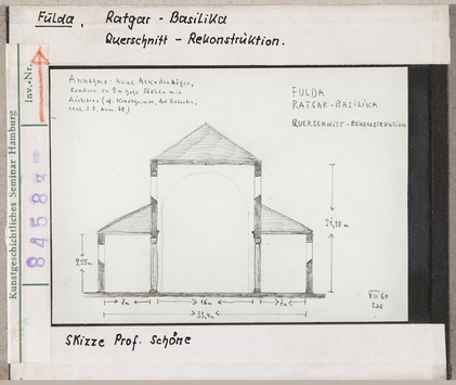 Vorschaubild Fulda: Ratgar-Basilika, Querschnitt, Rekonstruktion, Skizze Schöne 1960 